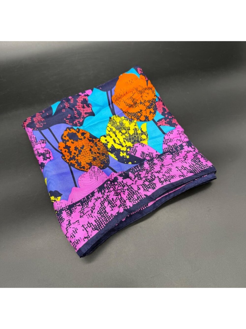 Silk Scarf Japan Pop Art Tulip Floral 1980s Vintage Purple Navy Neon Flowers